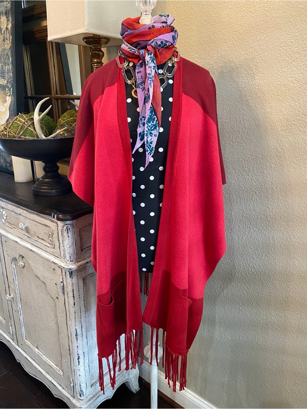 CAbi Fringe Poncho, Red, XS/Small